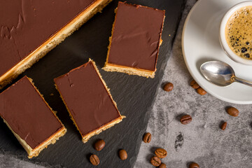 Eskimo cake. Pieces of cake with a cup of coffee