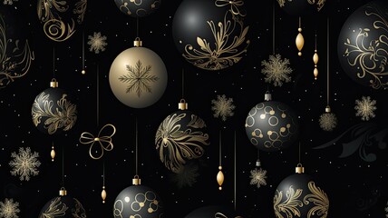 collection of stunning gold and silver Christmas decorations. Set against a dark, black background, these festive ornaments sparkle and shine. SEAMLESS PATTERN. SEAMLESS WALLPAPER.