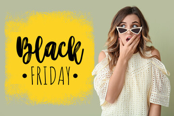 Surprised young woman and text BLACK FRIDAY on green background - obrazy, fototapety, plakaty