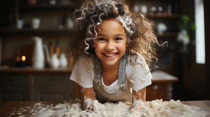 
A child cooks in the kitchen, a soiled toddler in flour and dough. Cheerful child preparing food unattended. Mess and a happy face - obrazy, fototapety, plakaty