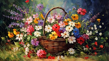 Fototapeta na wymiar a painting of a basket full of flowers on the ground. generative ai