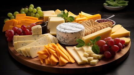  a platter of cheese, grapes, and crackers.  generative ai