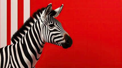  a zebra standing in front of a red wall with vertical stripes.  generative ai