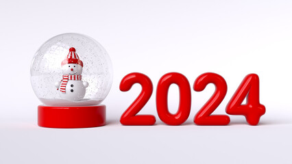 Happy new 2024 Year. Snowman inside the snowglobe. Red number 2024 on the white background. 3d render illustration - 656708683