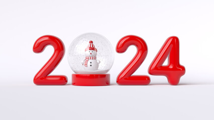 Happy new 2024 Year. Snowman inside the snowglobe. Christmas 2024. 3d render illustration - 656709029