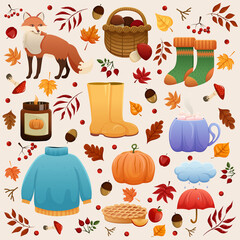 Vector set of fall icons: sweater, falling leaves, warm socks, candle, mug of warm drink, cute fox, rubber boots, basket with mushrooms, red umbrella, apple pie. 