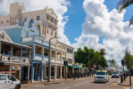 Front Street historic commercial buildings in Hamilton city center in Bermuda. Hamilton is the capital of Bermuda. 