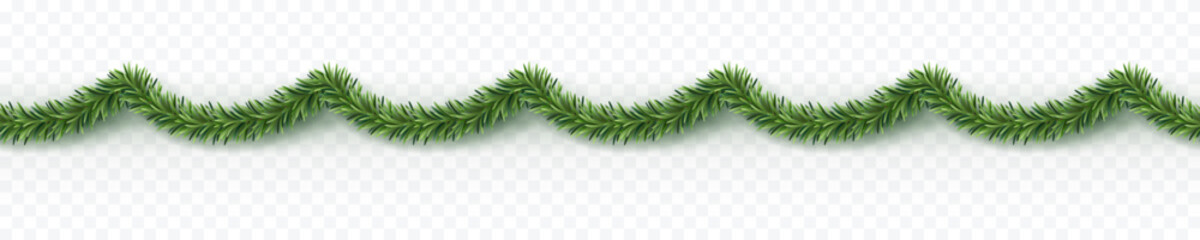 Border with green fir branches isolated on transparent background. Pine tinsel, xmas evergreen plants seamless banner. Vector Christmas tree garland decoration © Kindlena