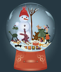 globe,deer in the snow, decorated christmas tree in the snow,christmas tree branch, christmas balls, snow falls, toys, gifts, fir tree, snow globe, snowman