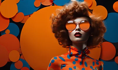  Fashion retro futuristic girl on background with circle pop art background. Woman in sunglasses in surrealistic 60s-70s disco club culture life style © MOUNSSIF