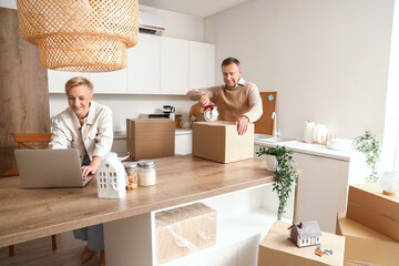 Mature couple with laptop in kitchen on moving day