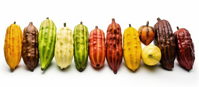 Various cocoa pods separated on white background Clipping path with copyspace for text