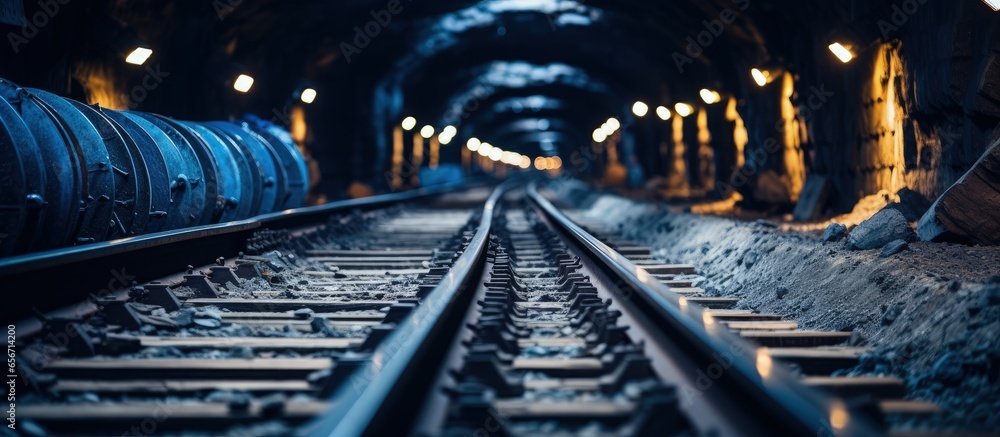 Poster selective focus on underground railway tunnel with rails for running and conductors with copyspace f