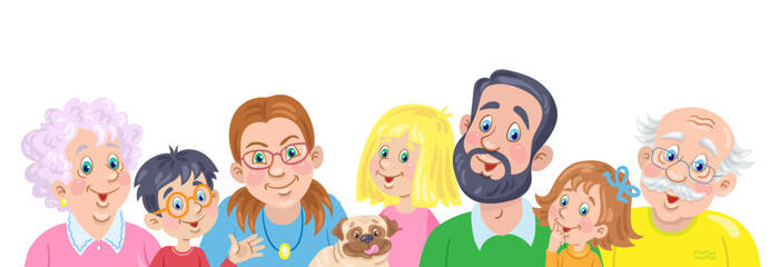 Big happy family. Young parents with three children, grandparents and a funny dog. In cartoon style. Isolated on white background. Vector flat illustration