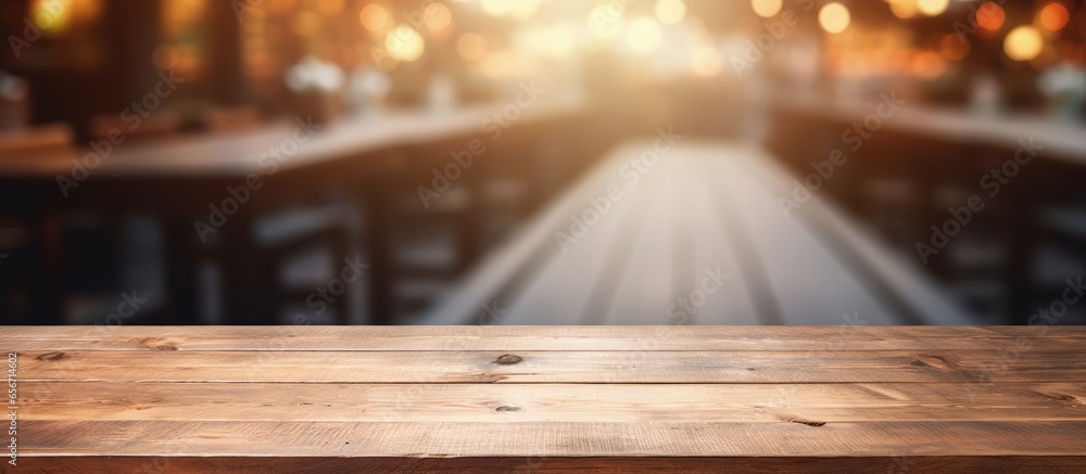 Poster empty brown wooden table with blurred cafe background for photo display or product showcase with cop