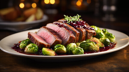 "Gourmet-Erlebnis: Zartrosa Entenbrust mit säuerlicher Cranberry-Sauce und knusprigem gebratenem Rosenkohl – Ein delikater Kontrast der Geschmacksrichtungen!"