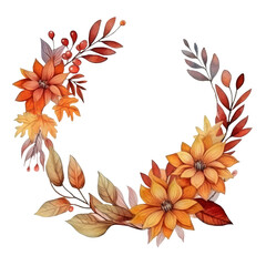 Round frame of autumn flowers and leaves in a watercolor style. Floral and leaves AI