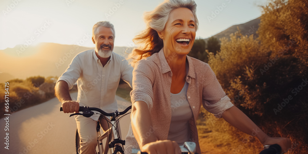 Canvas Prints Smiling mature couples riding electric bicycles on mountain road