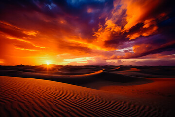 Fototapeta na wymiar Panorama of dramatic sunset in the desert. Sand dunes against a beautiful sky