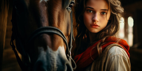 Portrait of teenage girl with horse in stable