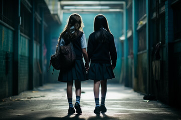 Schoolgirls walking hand in hand at school isle