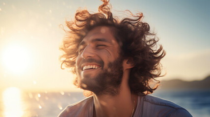 Portrait of a curly-haired man rejoicing as the wind tousles his hair - obrazy, fototapety, plakaty
