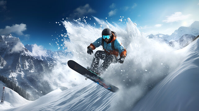 Snowboarder rides down the slope in winter, snowboarder on snowboard on snowy mountains.