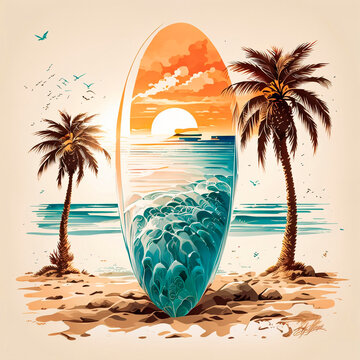 tabla de surf playa palmeras