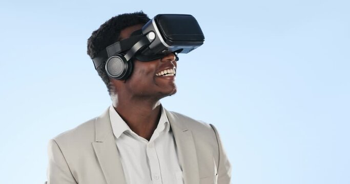 Happy black man, business or virtual reality in studio for company, metaverse or gaming on a blue background. IT worker, excited or user experience for web design development, future or 3d technology
