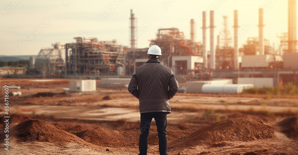 Poster a process engineer manager stands and inspects the structure and construction site. ai generative