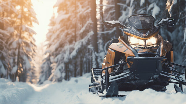 front view of a snowmobile in the winter forest, close-up. ai generative - Powered by Adobe