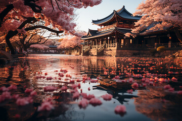 Osaka Castle at sunset, beautiful Japanese temple cherry trees, sakura season. ai generative