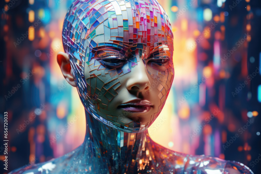 Wall mural humanoid entity portrayal: immersed in a digital world with binary codes and holographic elements.