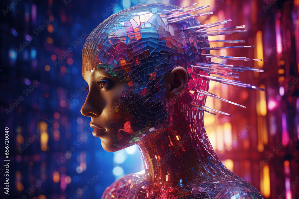 Wall mural a humanoid creature in a digital world with binary codes and holographic elements. it represents lif