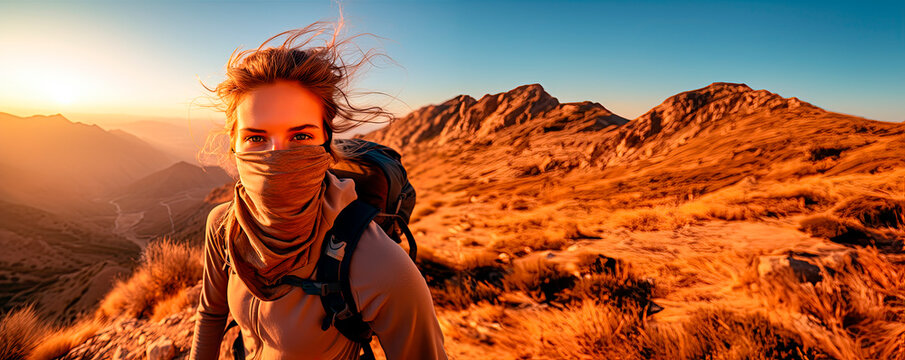 a young hiker wearing a breathable hiking face mask on a mountain trail