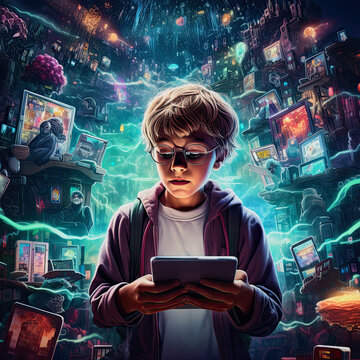 illustration of a young boy with a mobile device and a fantasy cyberspace world