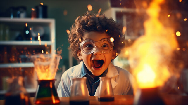 Funny little boy doing experiments in the laboratory. Explosion in the laboratory. Science and education. ai generative