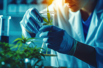 medical scientists research hemp with cannabis leaves in green lab - obrazy, fototapety, plakaty