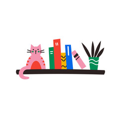 Vector illustration of cute cat sitting on a bookshelf. Modern design with simple shapes and bold colors.