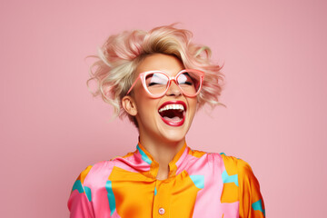 Attractive woman with blonde hair and pink highlights laughing in a colorful pop-art blouse on a...