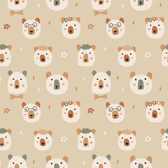Seamless pattern with cute little bears on brown background. Modern design for fabric and paper, surface textures.	
