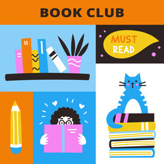 Vector modern illustration. Book club poster with doodle lettering and cute design elements.