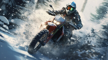 a motorcyclist on an motorcycle rides at high speed through a snowy winter forest. ai generative
