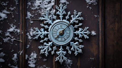  a clock that is on a door in the snow with snow flakes on it.  generative ai