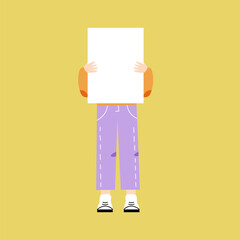 Vector flat illustration with young woman holding a blank sign and hiding behind it. Woman behind blank white banner for advertising. Flat character isolated on yellow background.