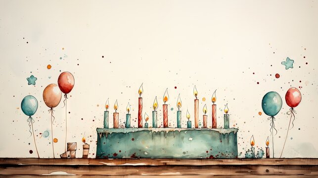  a painting of a birthday cake with many candles and balloons.  generative ai