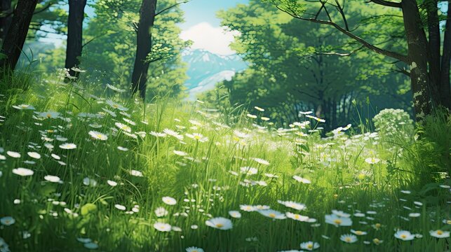  a painting of a green forest with white flowers in the foreground.  generative ai