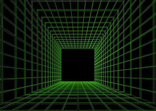 Abstract vector tunnel perspective grid. Futuristic black and green background. 3D design.