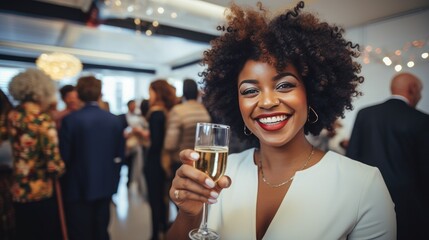 Beautiful and smiling young black woman is celebrating with a glass of champagne in her hand. Concept of triumph, success, achievement, holidays, Christmas and New Year. Generative AI - obrazy, fototapety, plakaty