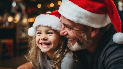 Happy dad and daughter laughing christmas day. Generative AI - obrazy, fototapety, plakaty